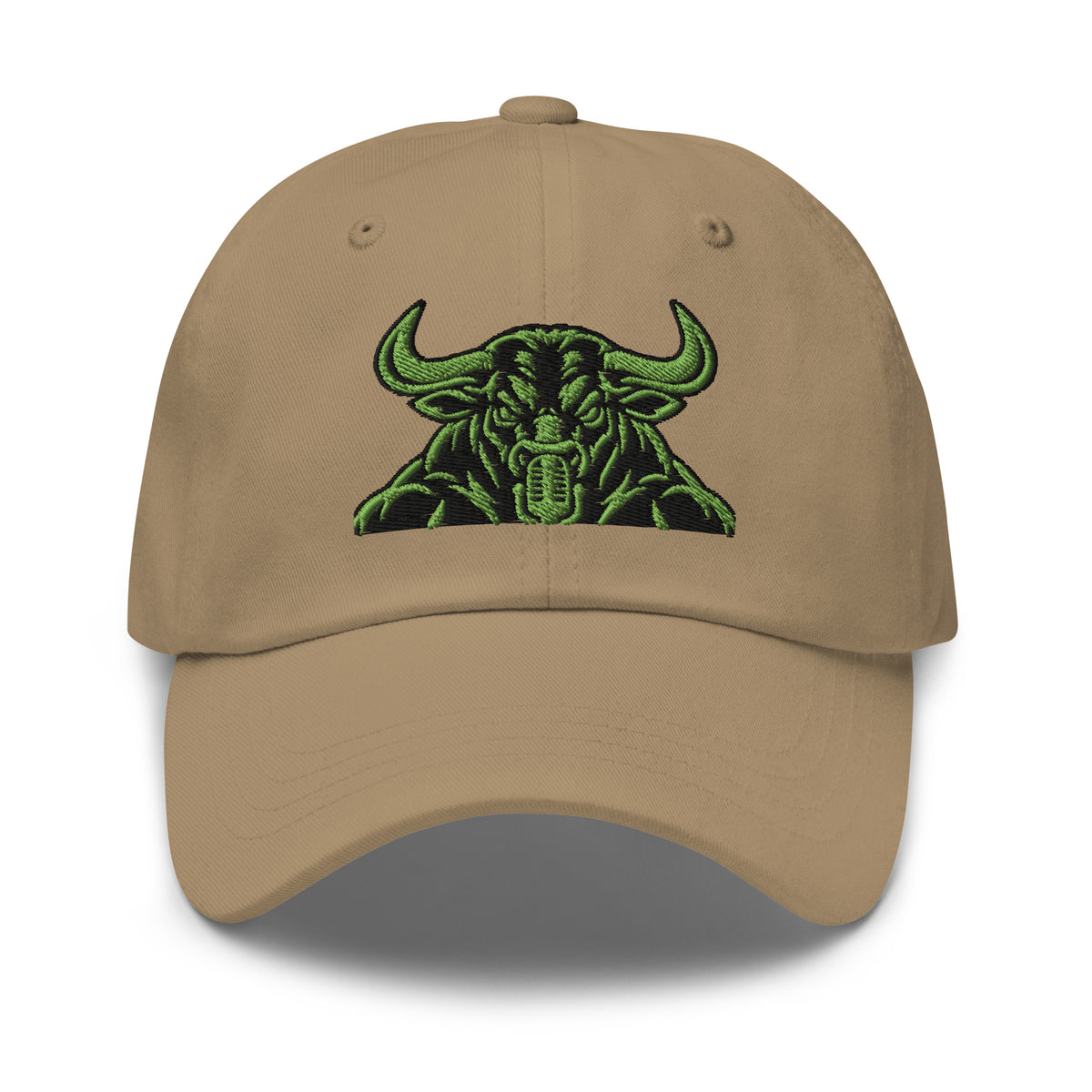 Unbearably Bullish Bull Dad Hat with green stitching in Khaki, front view