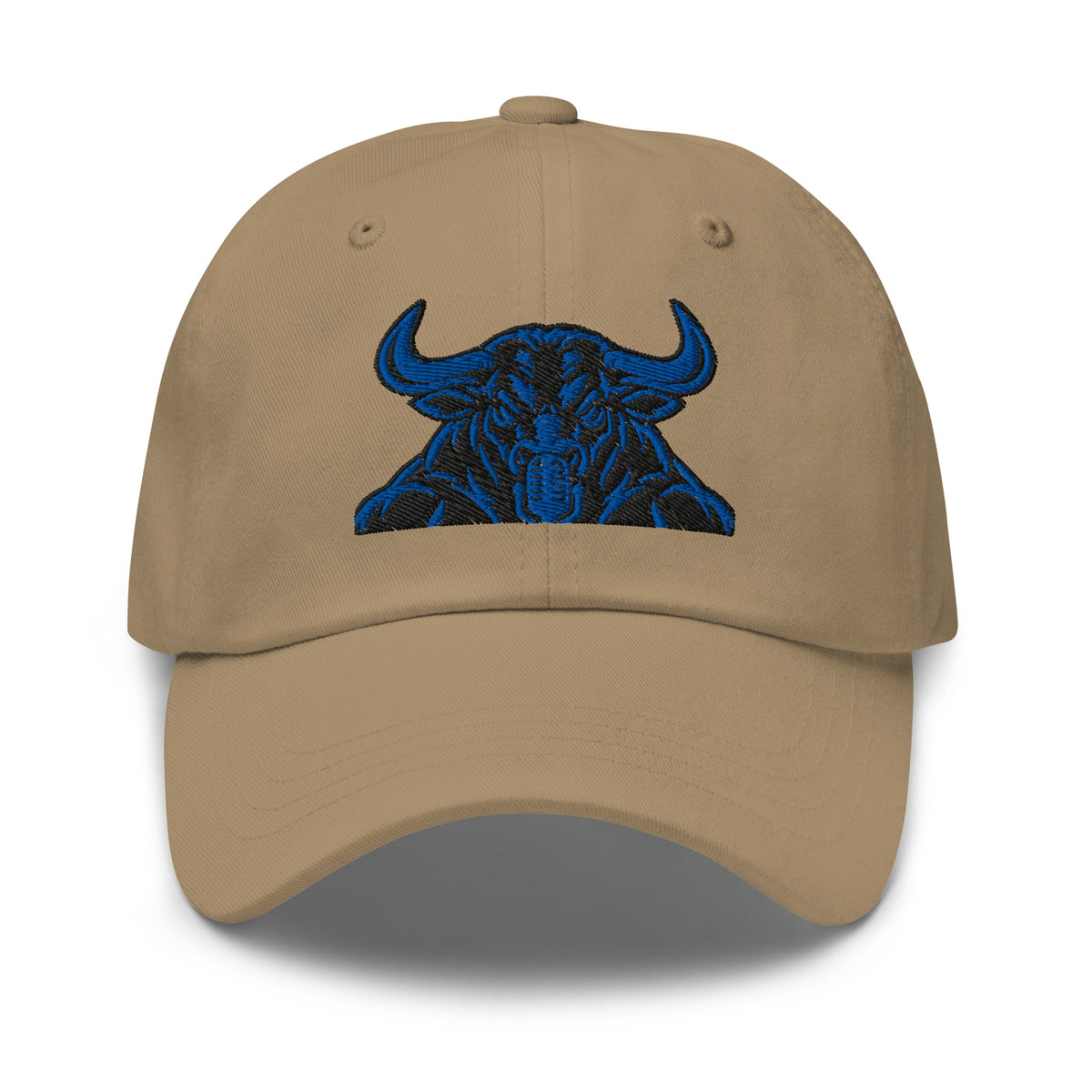 Unbearably Bullish Bull Dad Hat with blue stitching in Khaki, front view