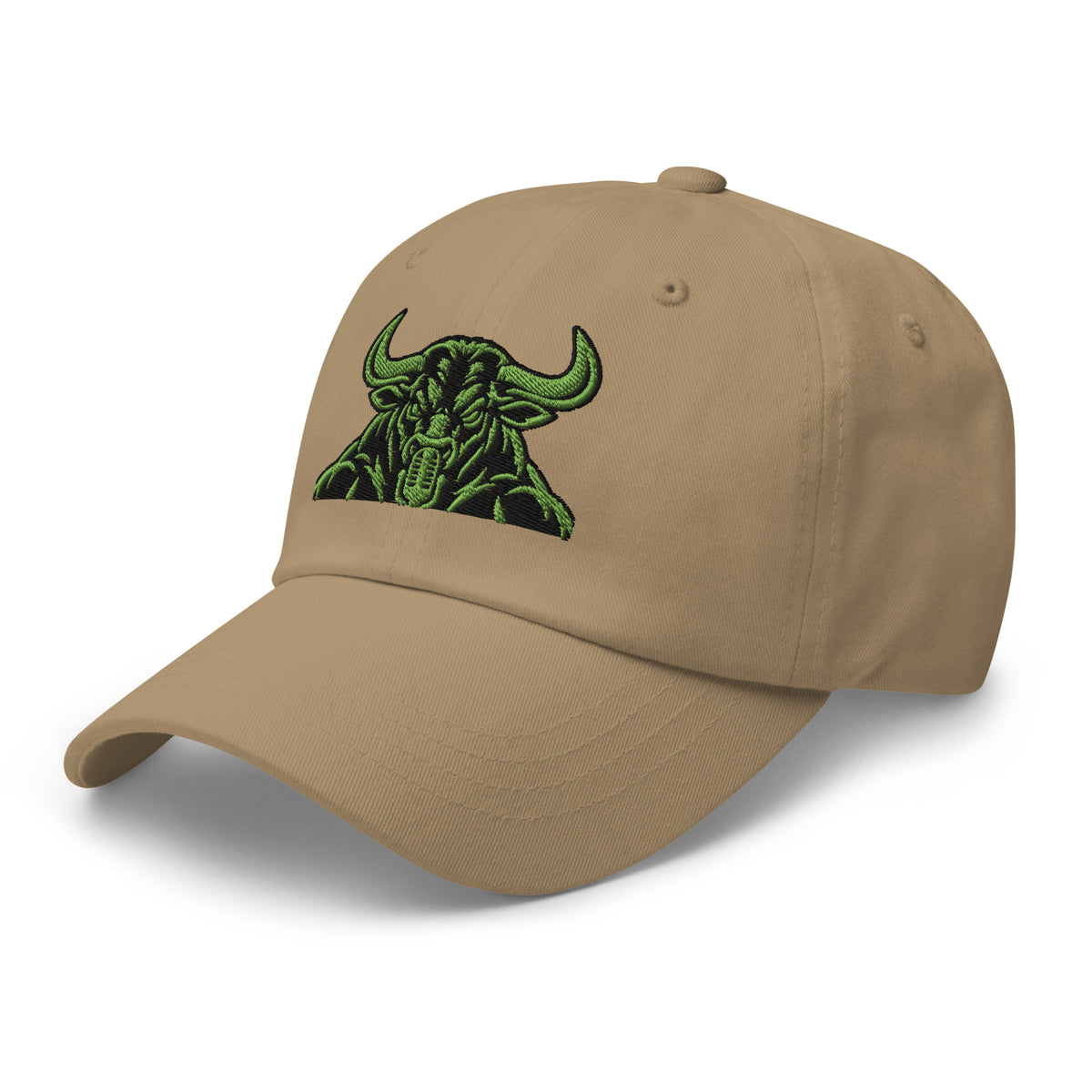 Unbearably Bullish Bull Dad Hat with green stitching in Khaki, left front angle