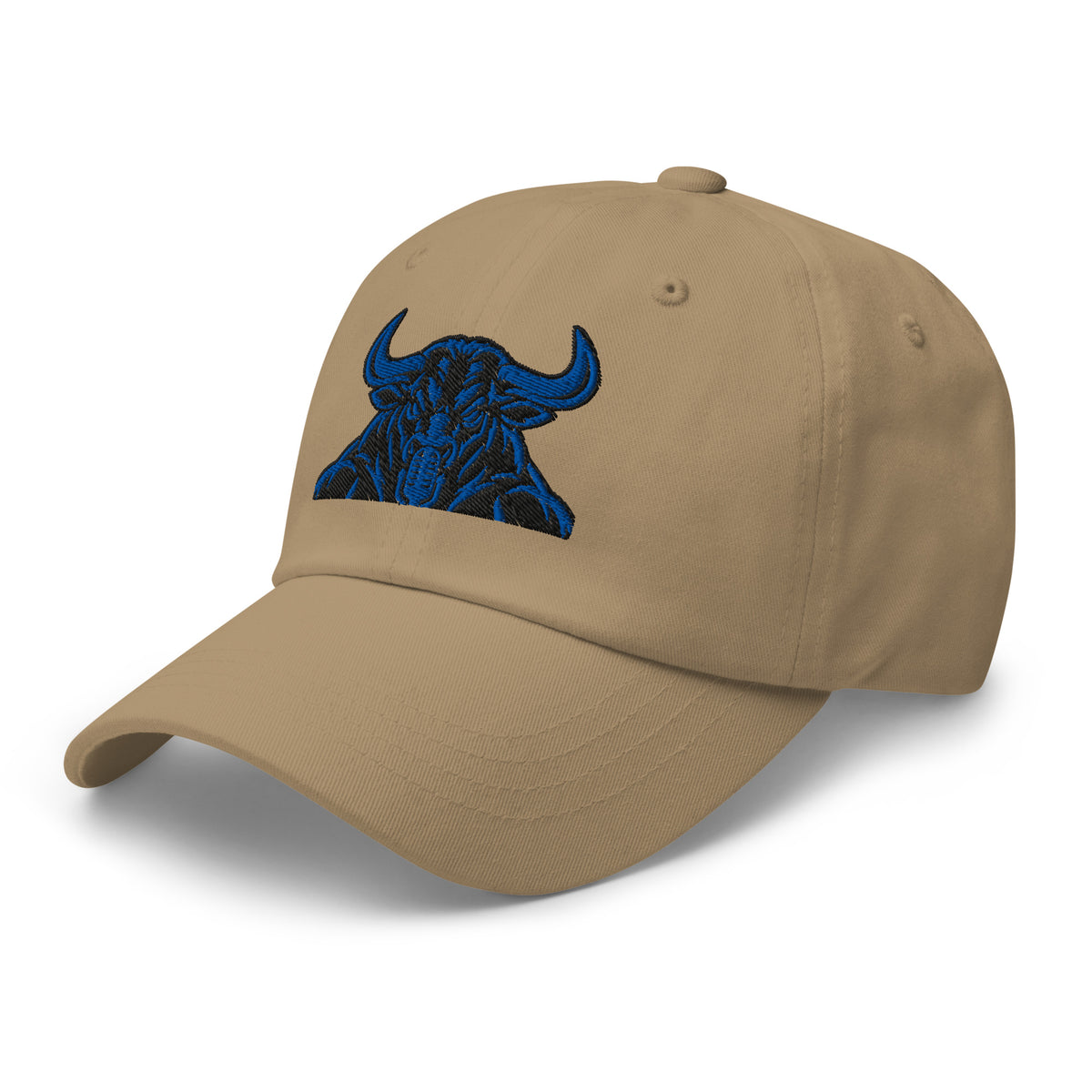 Unbearably Bullish Bull Dad Hat with blue stitching in Khaki, left front angle
