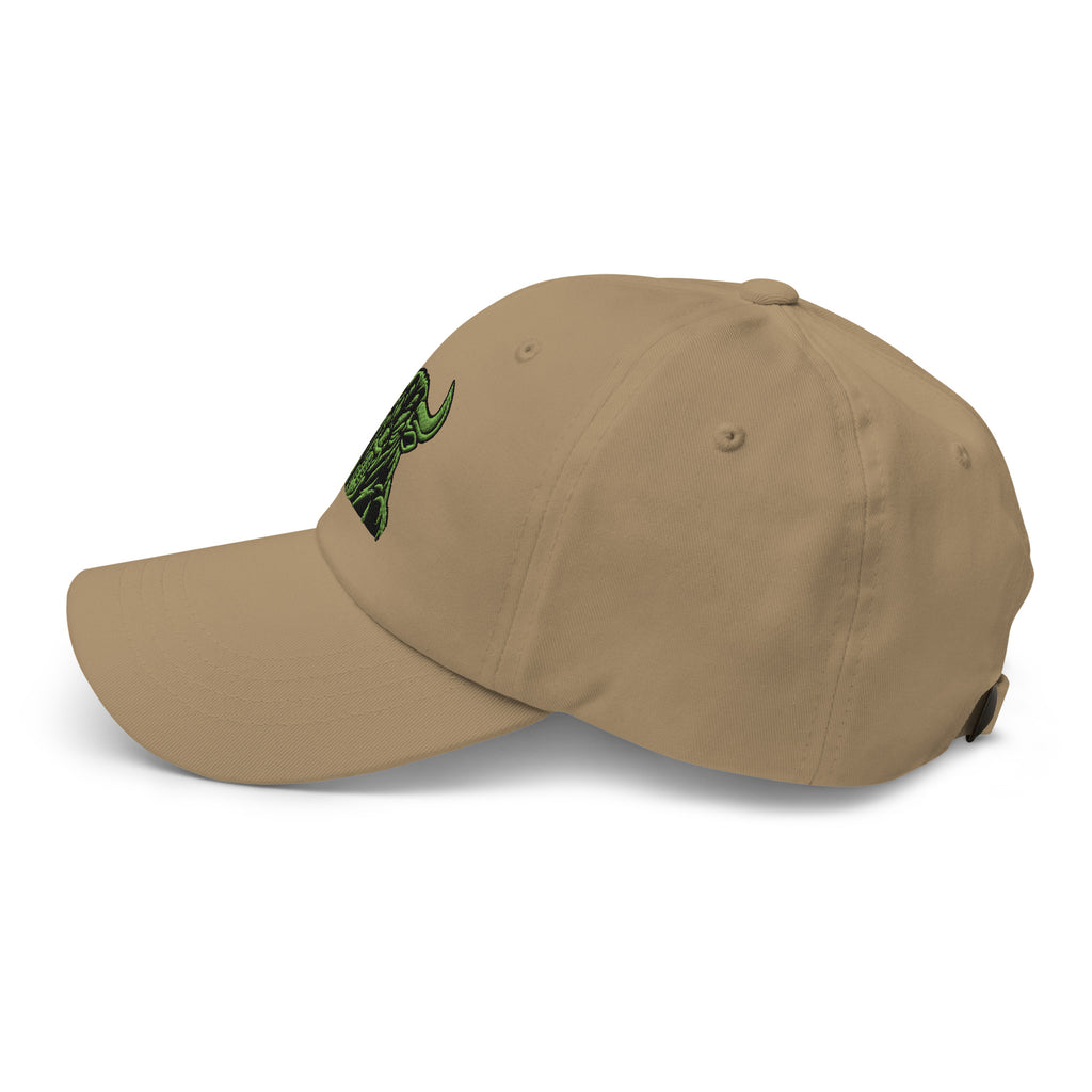 Unbearably Bullish Bull Dad Hat with green stitching in Khaki, left side