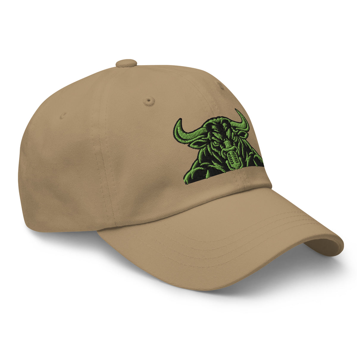 Unbearably Bullish Bull Dad Hat with green stitching in Khaki, right front angle