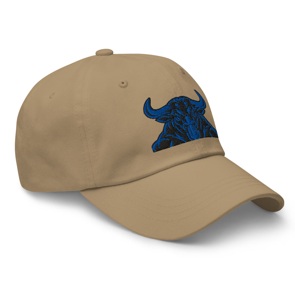Unbearably Bullish Bull Dad Hat with blue stitching in Khaki, right front angle
