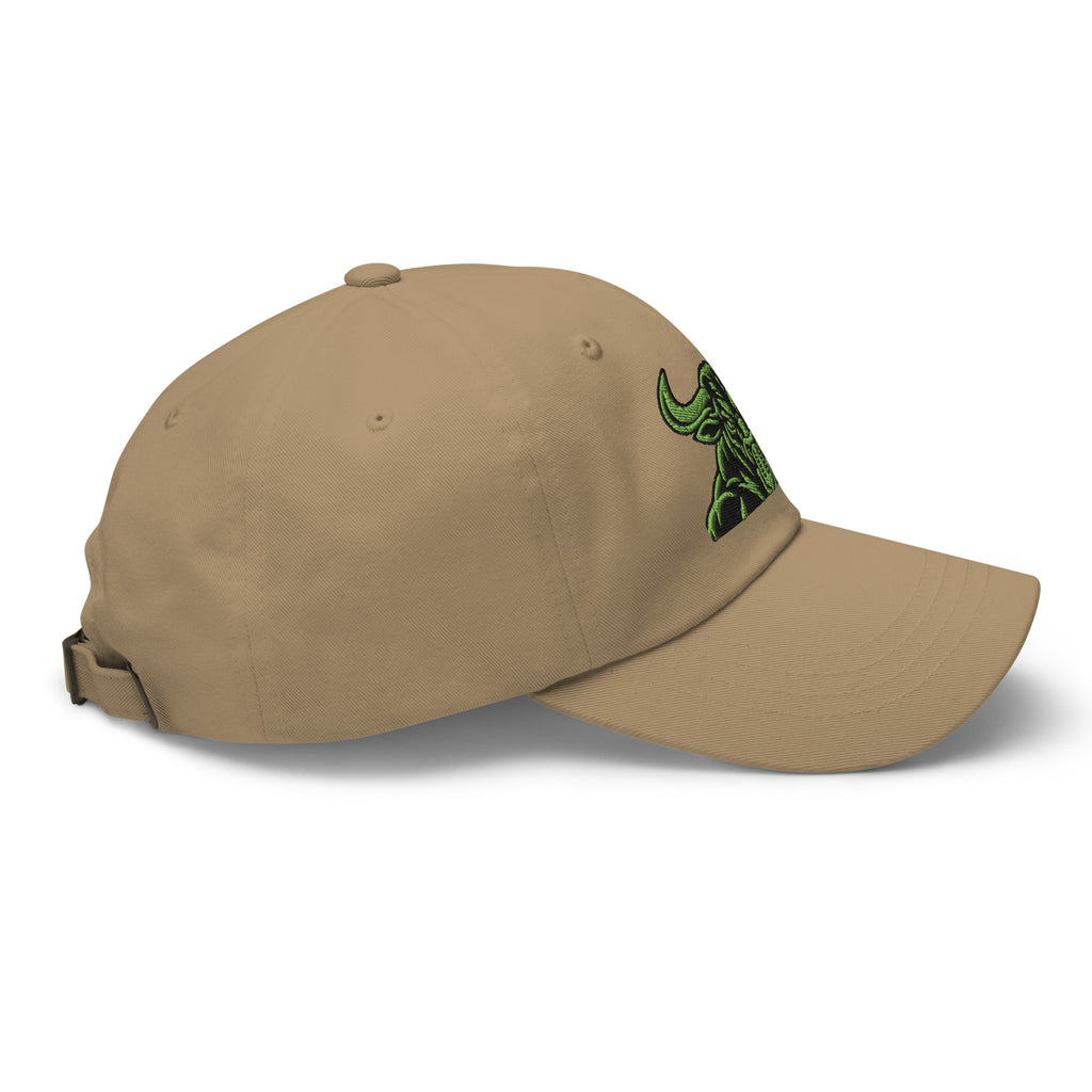 Unbearably Bullish Bull Dad Hat with green stitching in Khaki, right side
