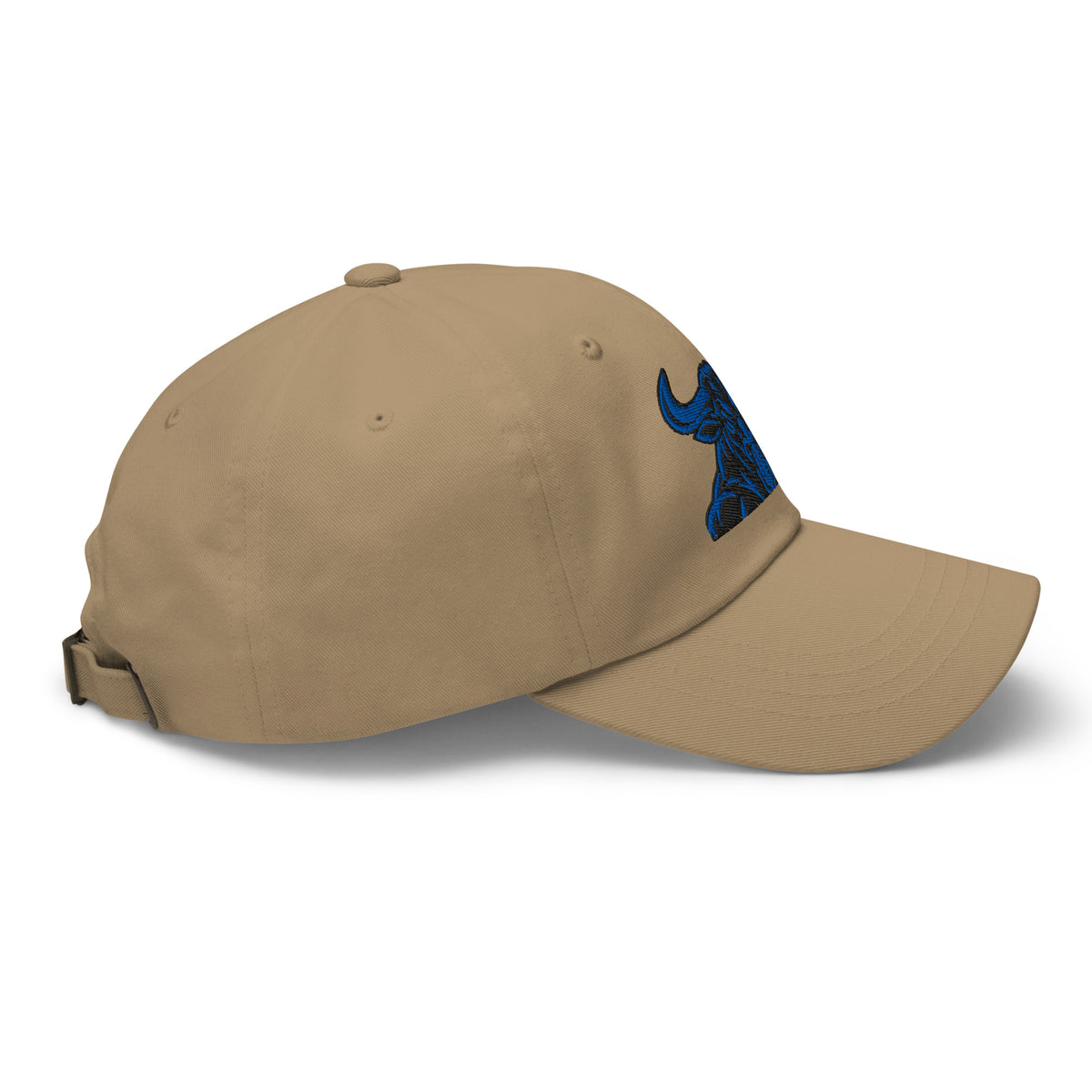 Unbearably Bullish Bull Dad Hat with blue stitching in Khaki, right side