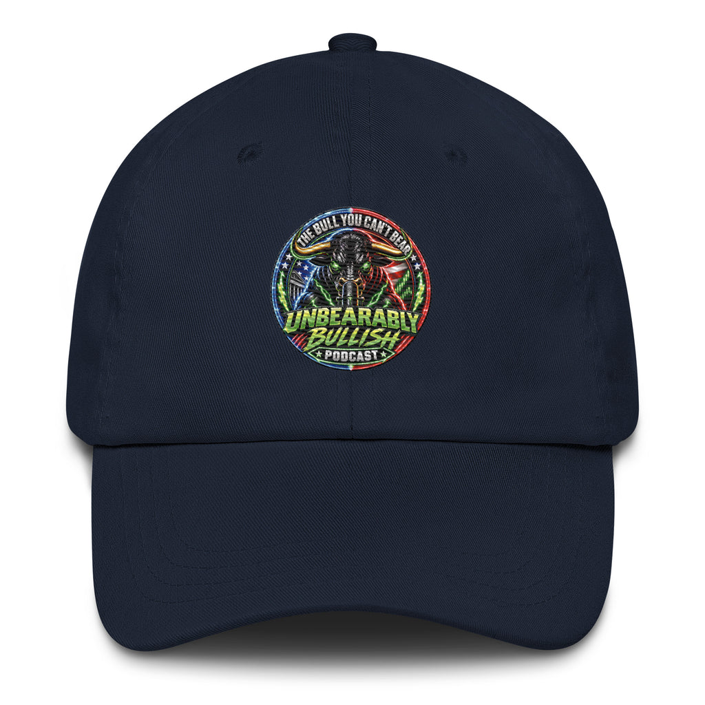 Unbearably Bullish Dad Hat in Navy, front view of embroidered logo
