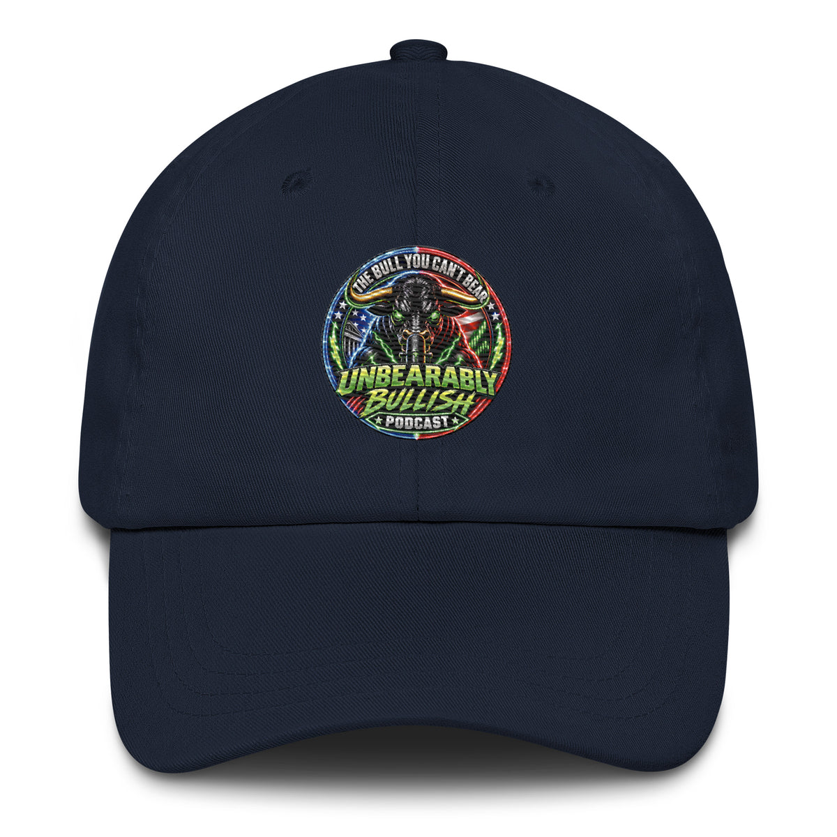 Unbearably Bullish Dad Hat in Navy, front view of embroidered logo