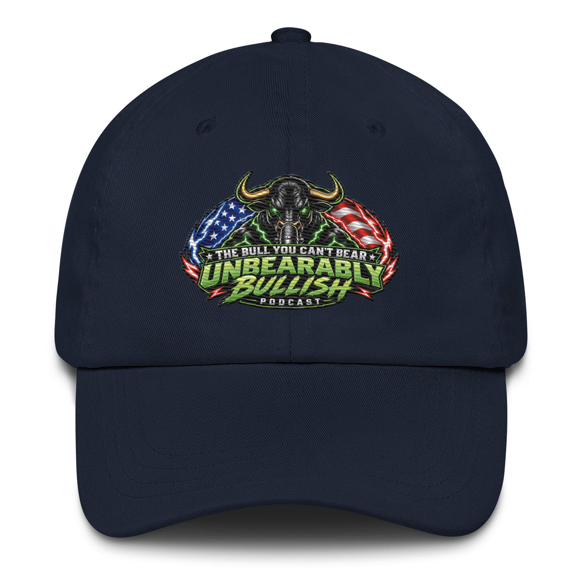 Unbearably Bullish Badge Dad Hat in Navy, front view of embroidered badge