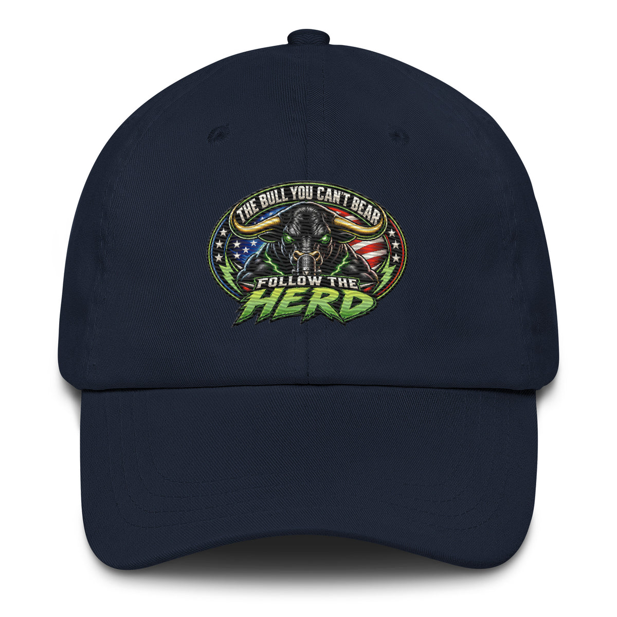 Follow The Herd Dad Hat in Navy, front view of embroidered logo