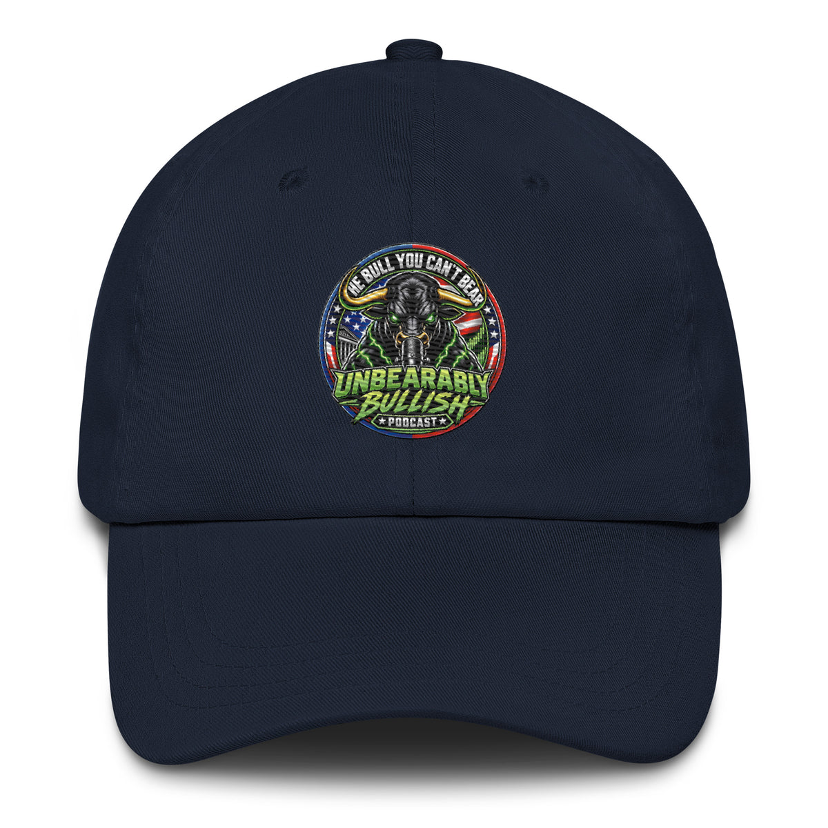 The Bull You Can't Bear Dad Hat in Navy, front view of embroidered logo