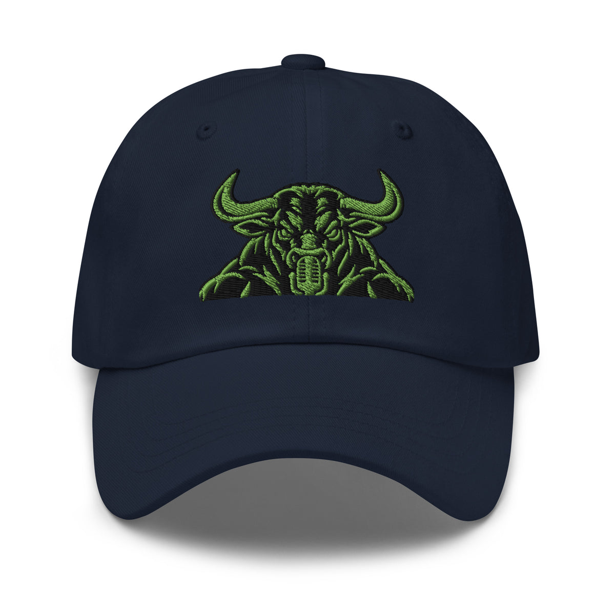 Unbearably Bullish Bull Dad Hat with green stitching in Navy, front view