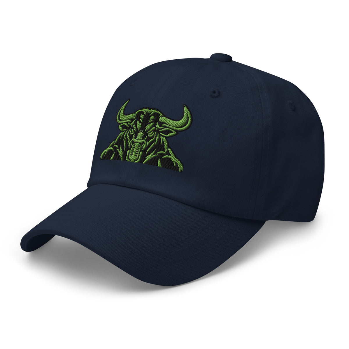 Unbearably Bullish Bull Dad Hat with green stitching in Navy, left front angle