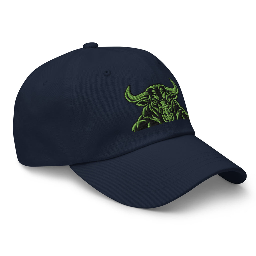 Unbearably Bullish Bull Dad Hat with green stitching in Navy, right front angle