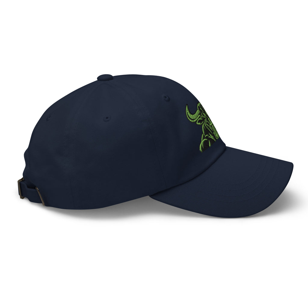 Unbearably Bullish Bull Dad Hat with green stitching in Navy, right side
