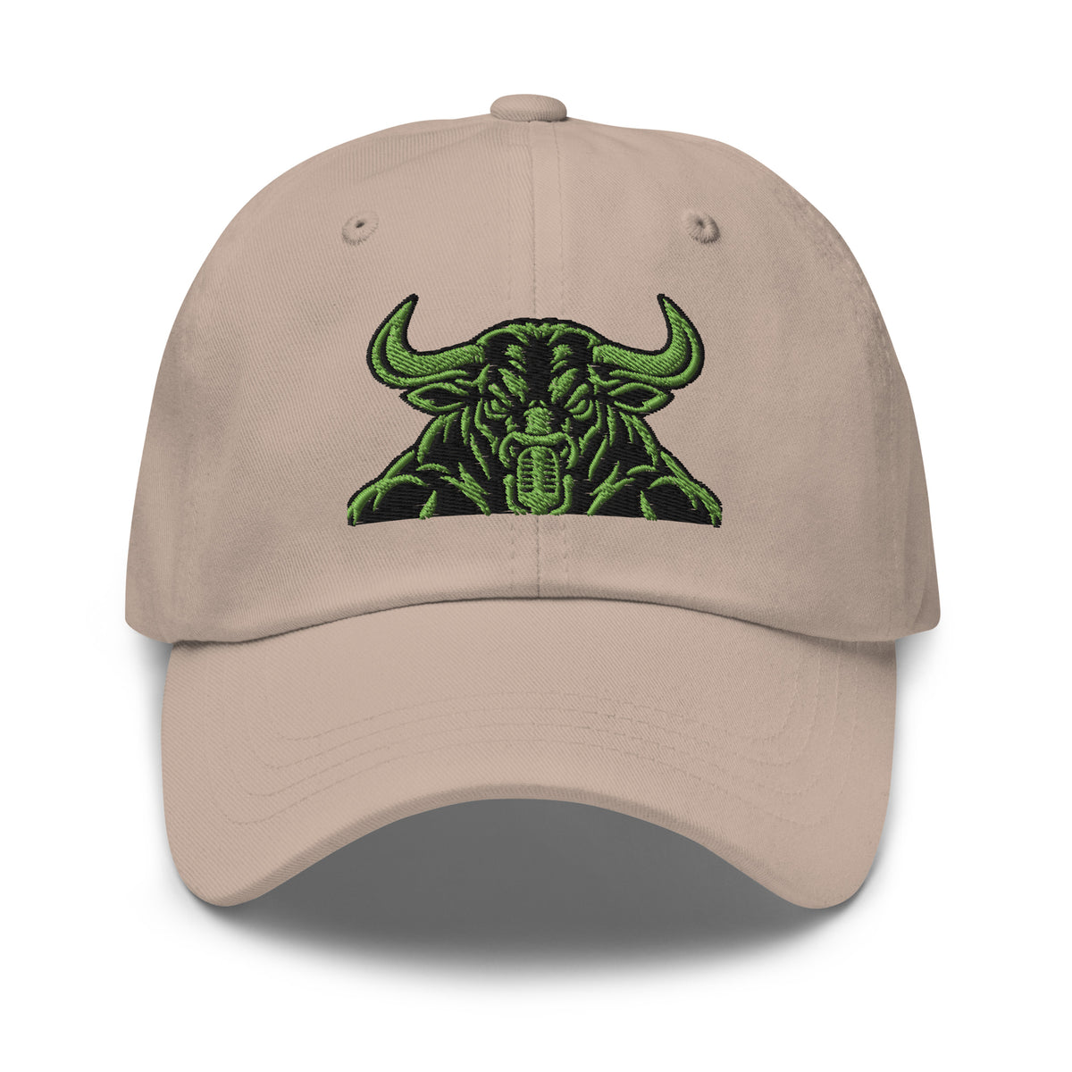 Unbearably Bullish Bull Dad Hat with green stitching in Stone, front view