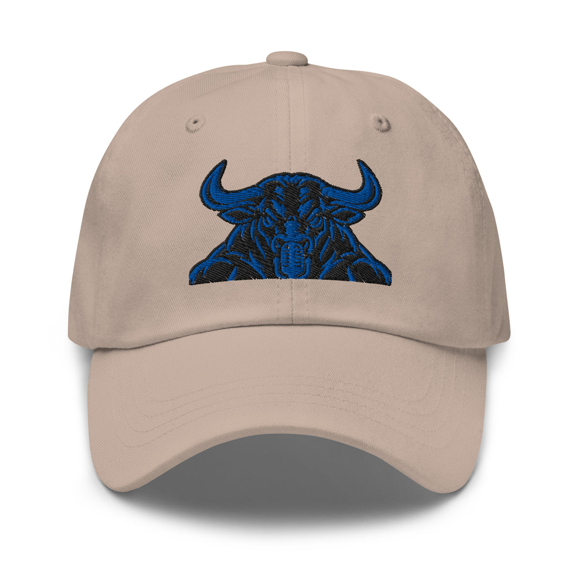 Unbearably Bullish Bull Dad Hat with blue stitching in Stone, front view
