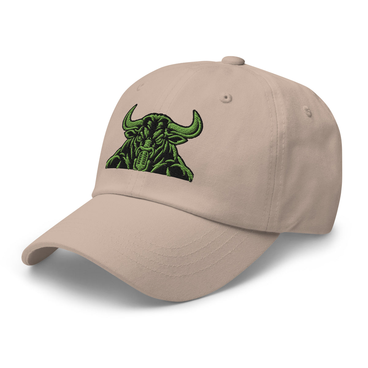 Unbearably Bullish Bull Dad Hat with green stitching in Stone, left front angle