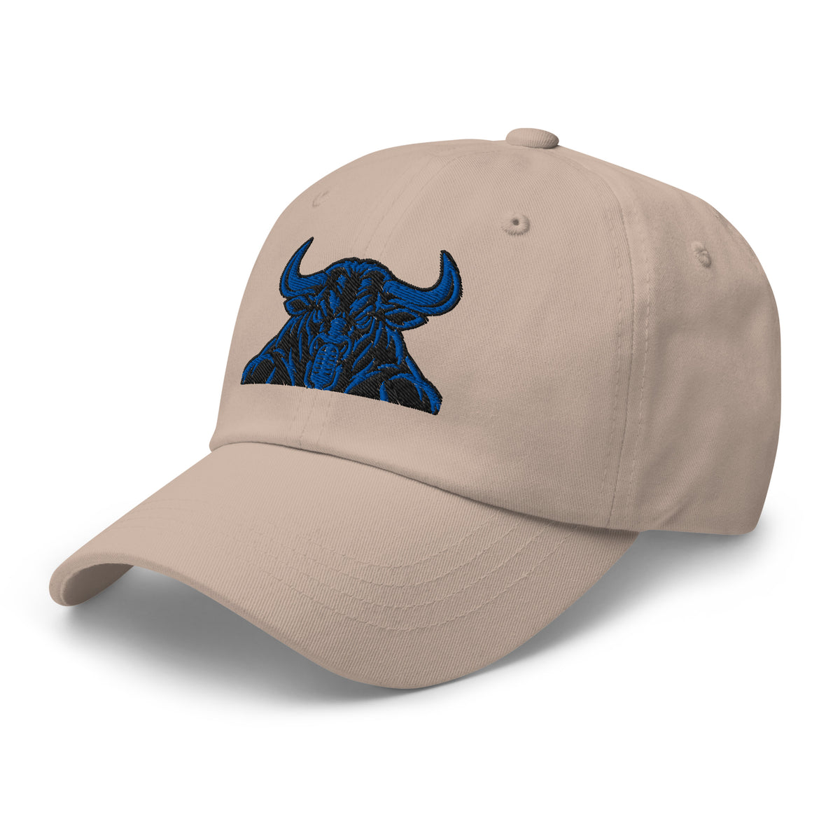Unbearably Bullish Bull Dad Hat with blue stitching in Stone, left front angle