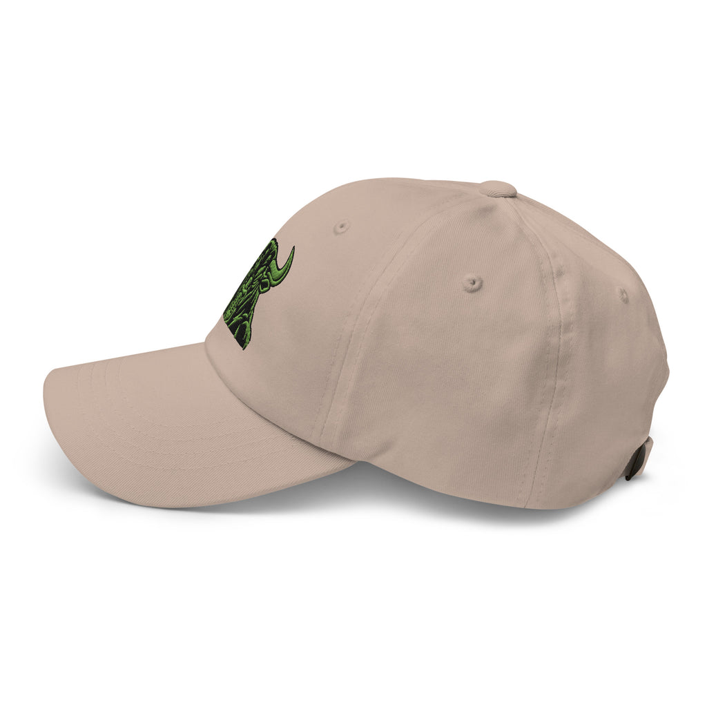 Unbearably Bullish Bull Dad Hat with green stitching in Stone, left side