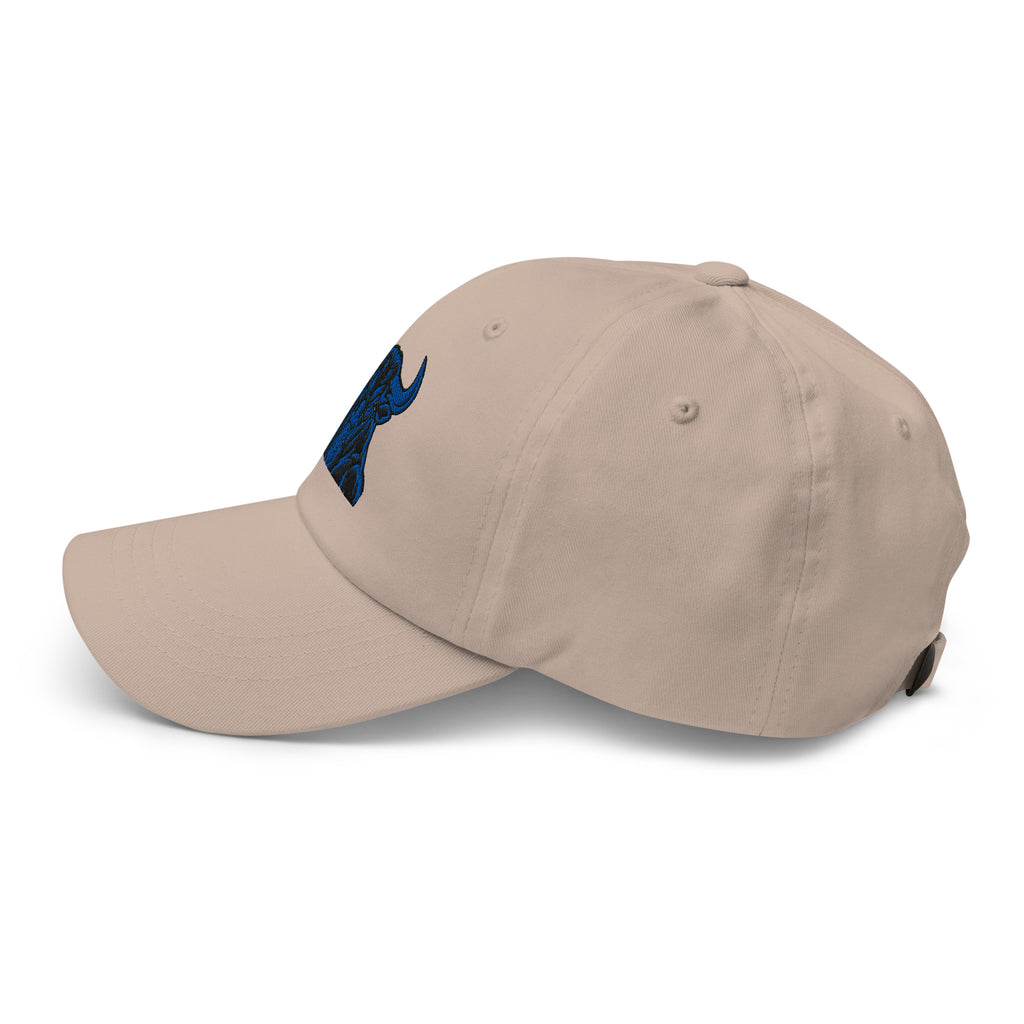Unbearably Bullish Bull Dad Hat with blue stitching in Stone, left side