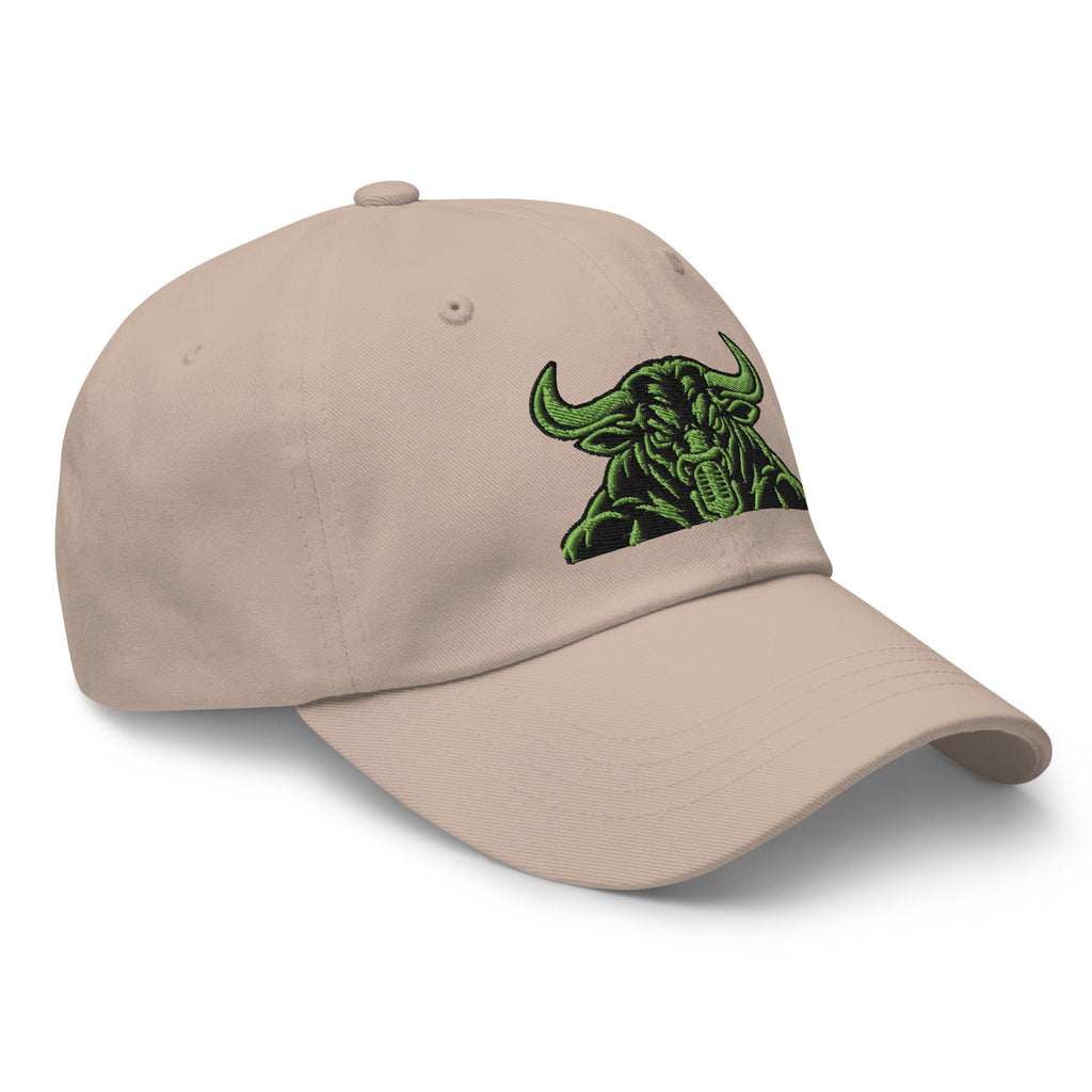 Unbearably Bullish Bull Dad Hat with green stitching in Stone, right front angle