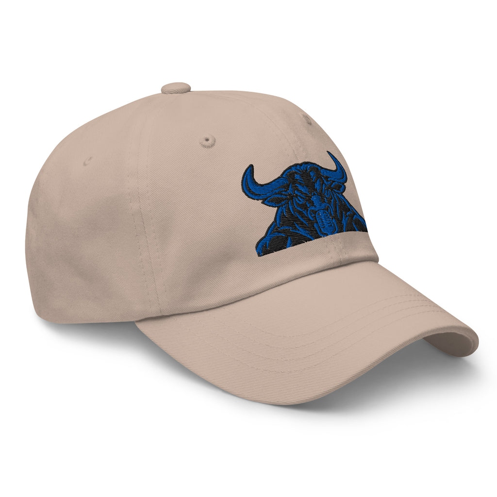 Unbearably Bullish Bull Dad Hat with blue stitching in Stone, right front angle