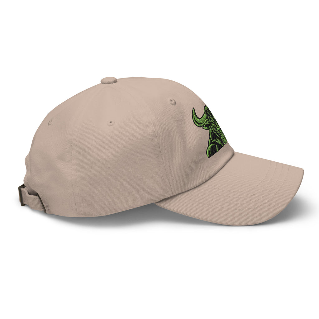 Unbearably Bullish Bull Dad Hat with green stitching in Stone, right side