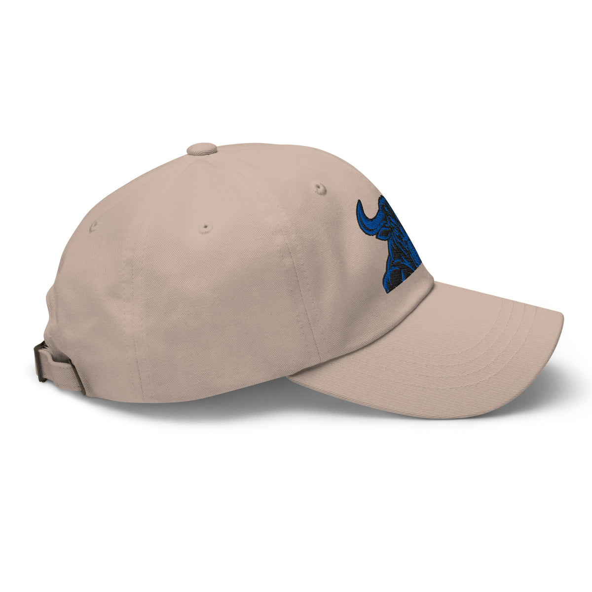 Unbearably Bullish Bull Dad Hat with blue stitching in Stone, right side