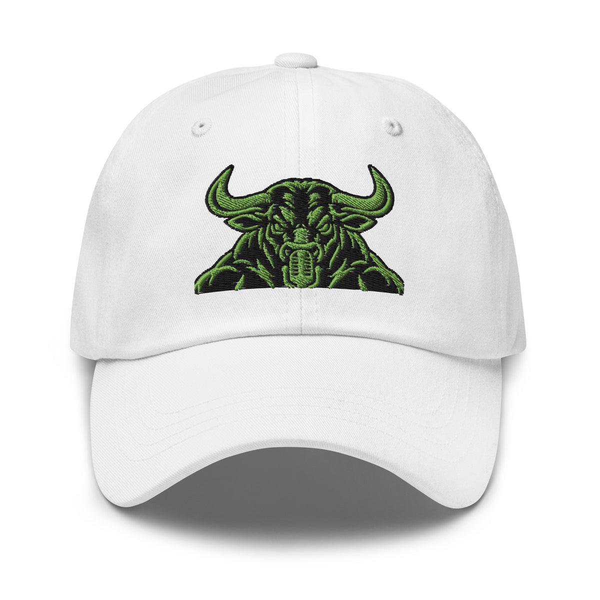 Unbearably Bullish Bull Dad Hat with green stitching in White, front view
