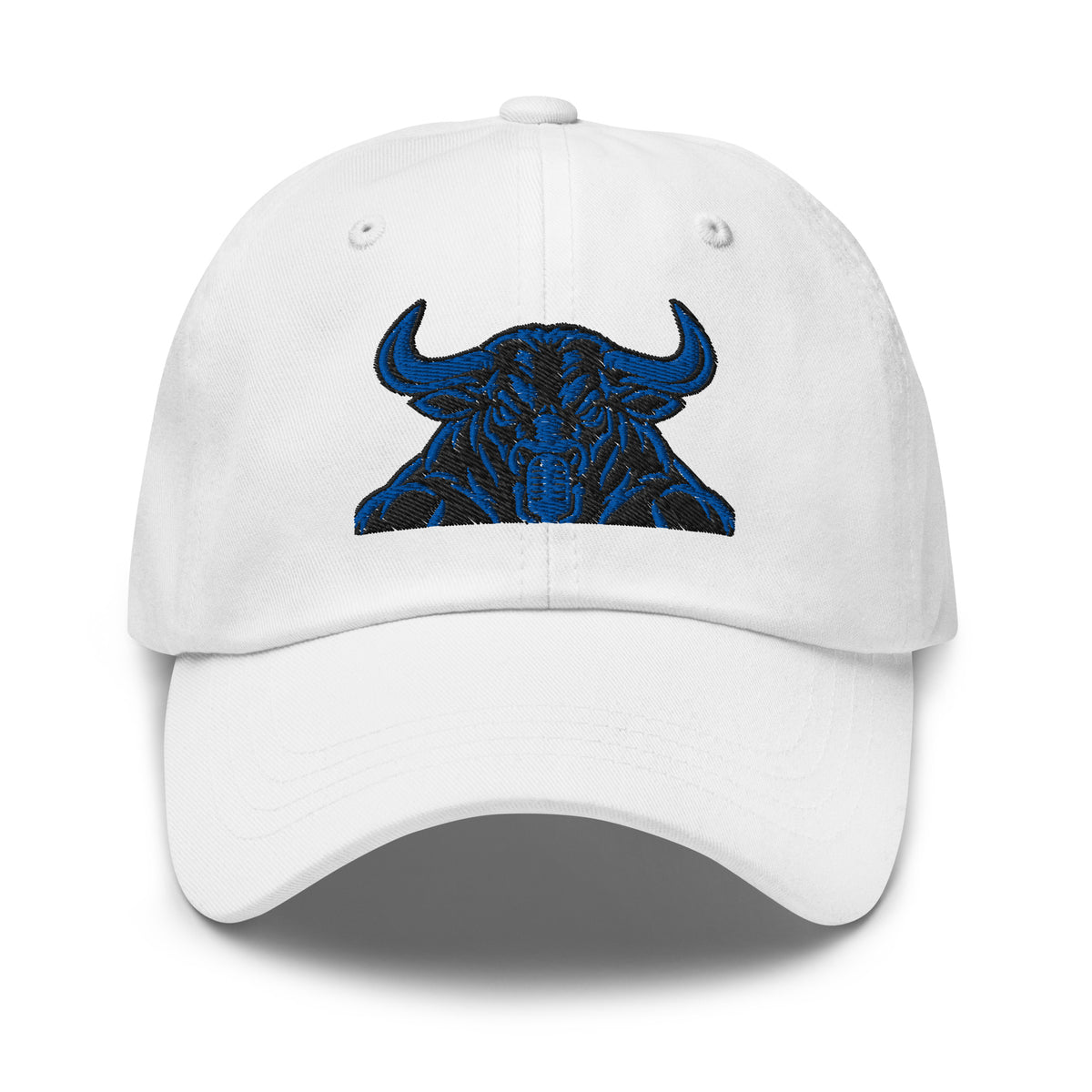 Unbearably Bullish Bull Dad Hat with blue stitching in White, front view