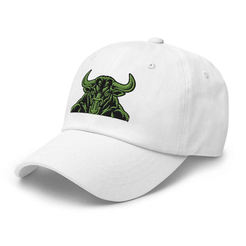 Unbearably Bullish Bull Dad Hat with green stitching in White, left front angle