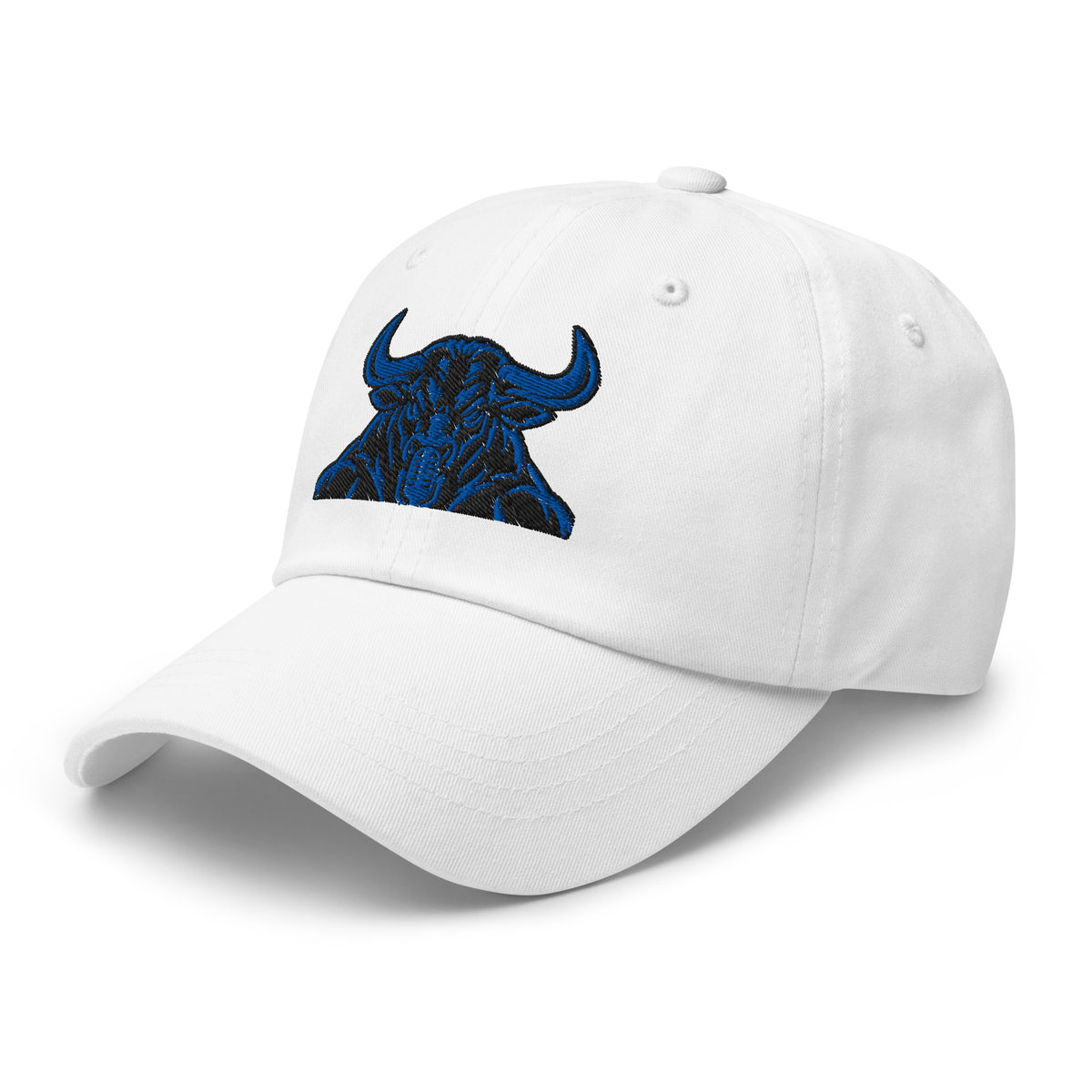 Unbearably Bullish Bull Dad Hat with blue stitching in White, left front angle
