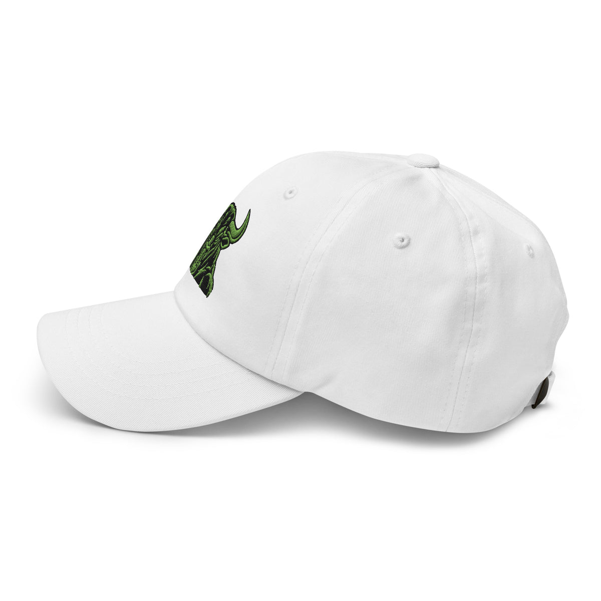 Unbearably Bullish Bull Dad Hat with green stitching in White, left side