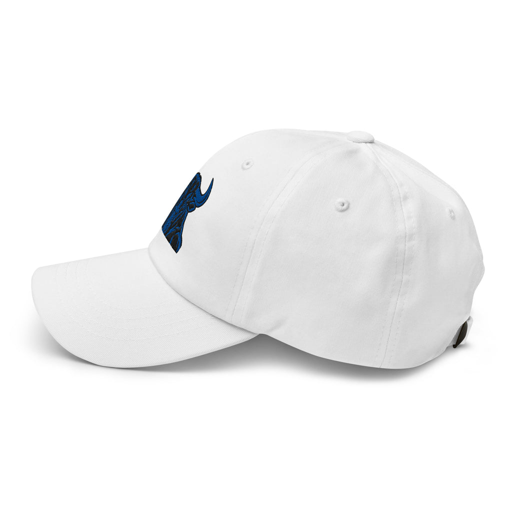 Unbearably Bullish Bull Dad Hat with blue stitching in White, left side