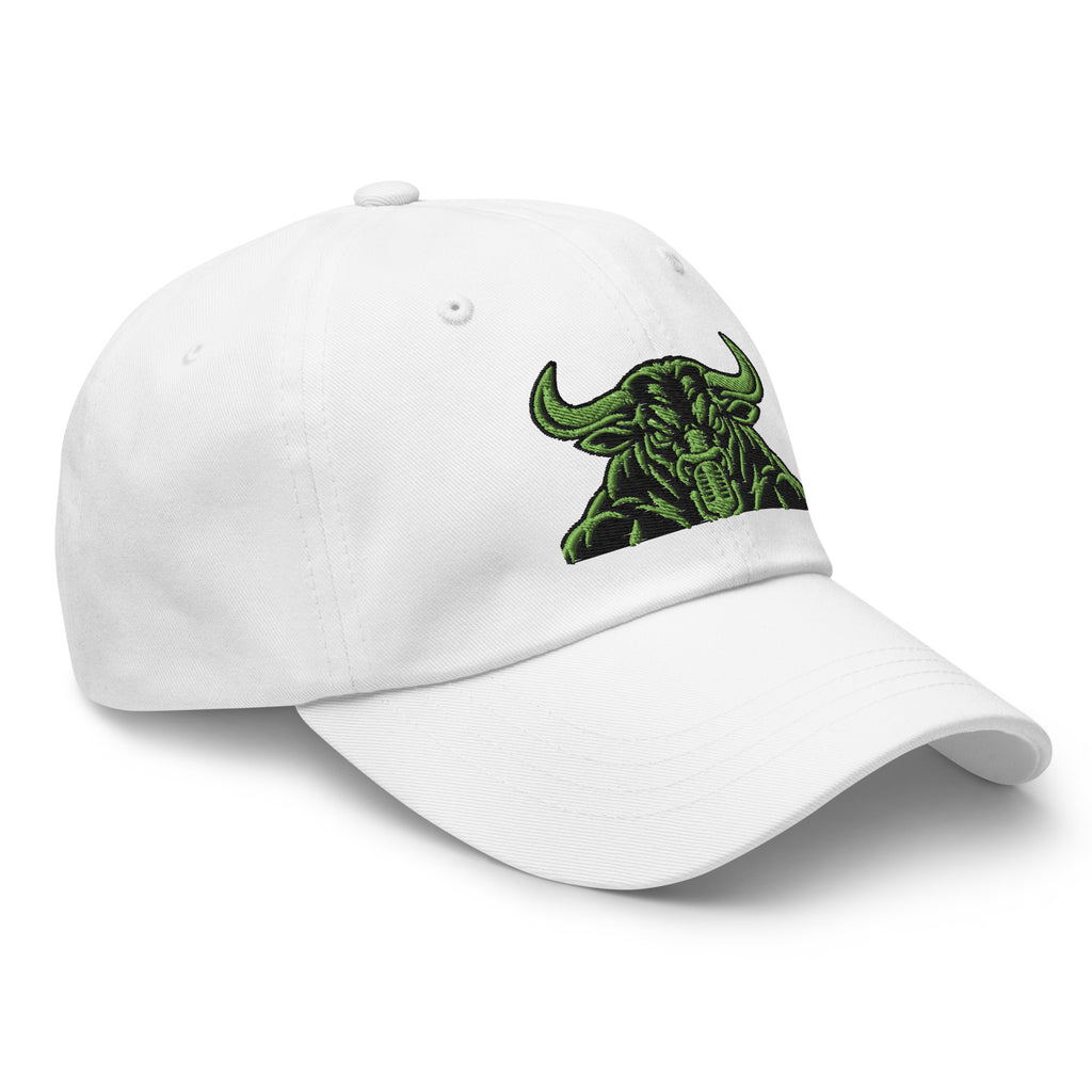 Unbearably Bullish Bull Dad Hat with green stitching in White, right front angle
