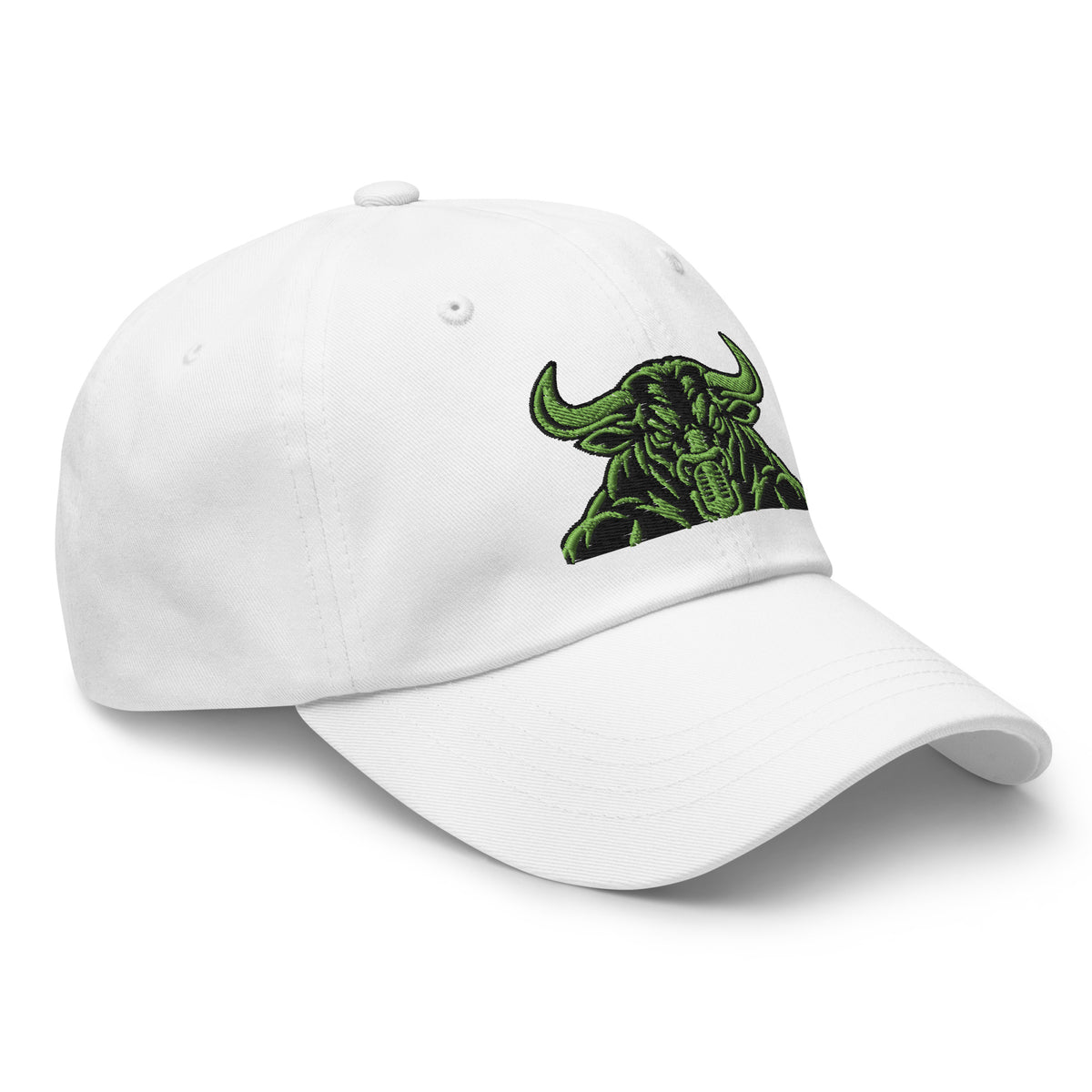 Unbearably Bullish Bull Dad Hat with green stitching in White, right front angle