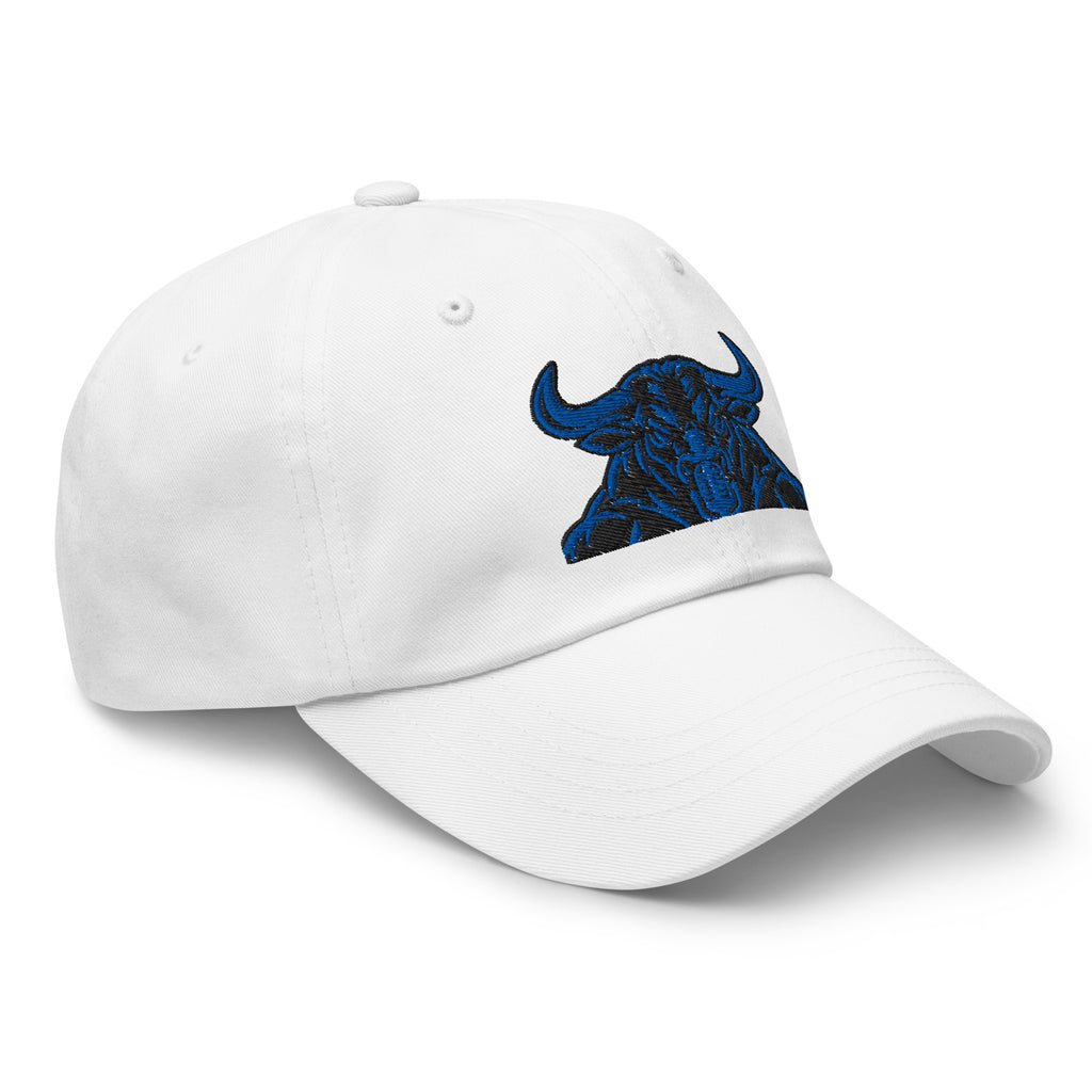 Unbearably Bullish Bull Dad Hat with blue stitching in White, right front angle