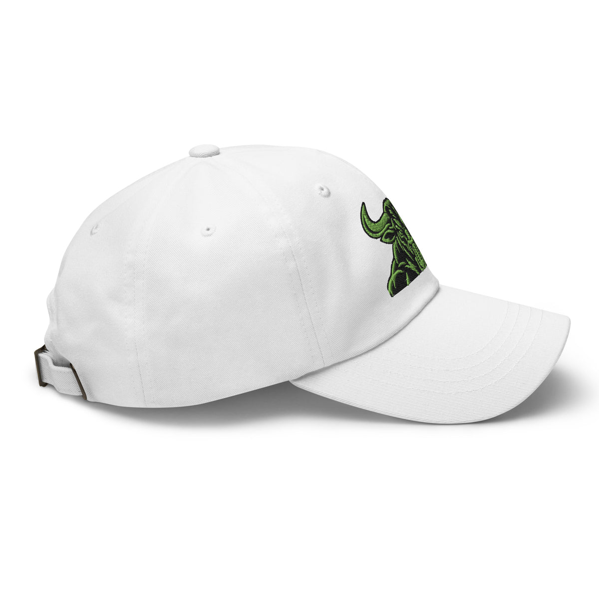 Unbearably Bullish Bull Dad Hat with green stitching in White, right side
