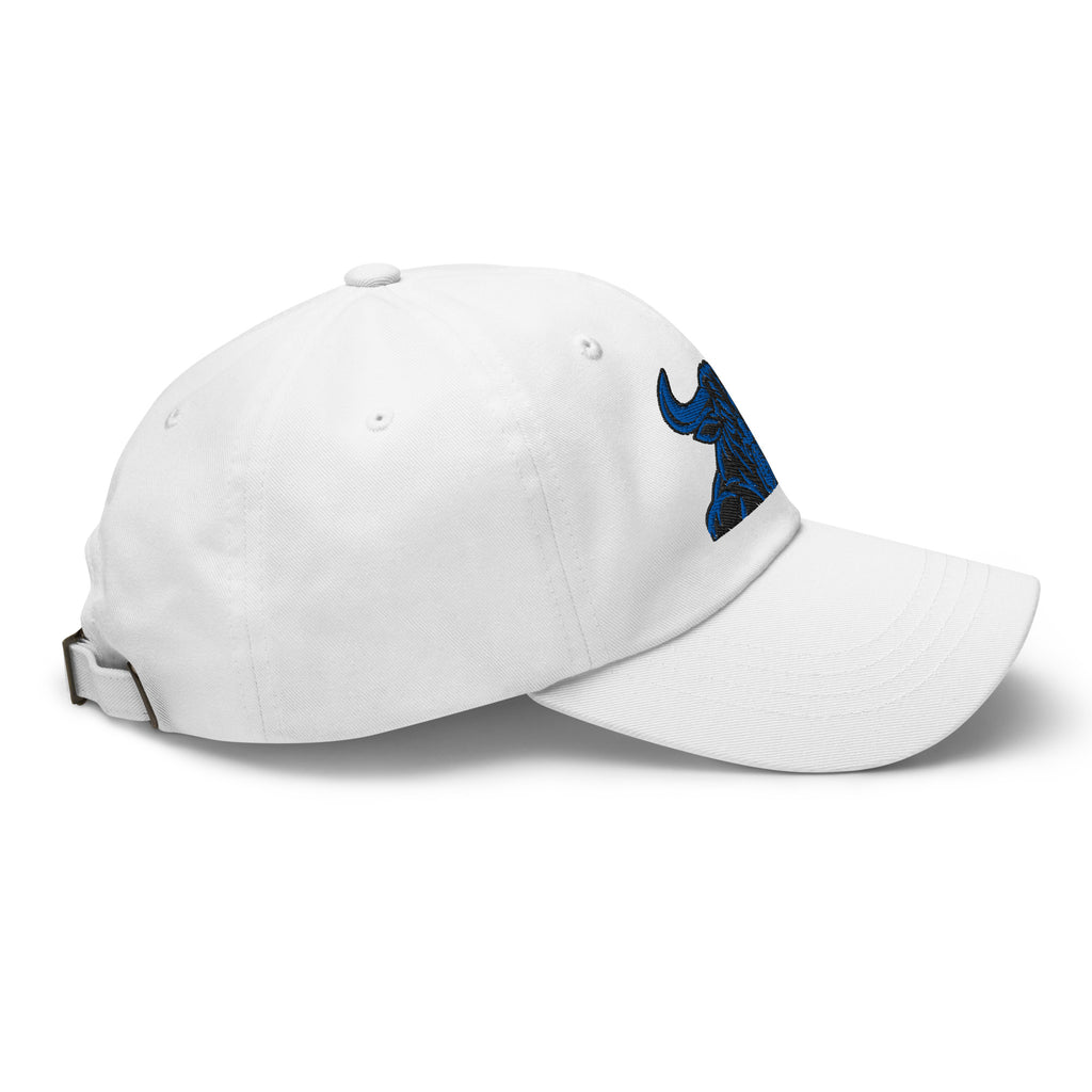 Unbearably Bullish Bull Dad Hat with blue stitching in White, right side