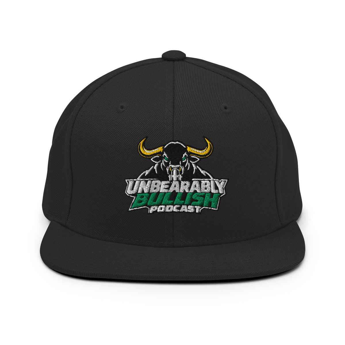 Unbearably Bullish Podcast Snapback in Black, front view