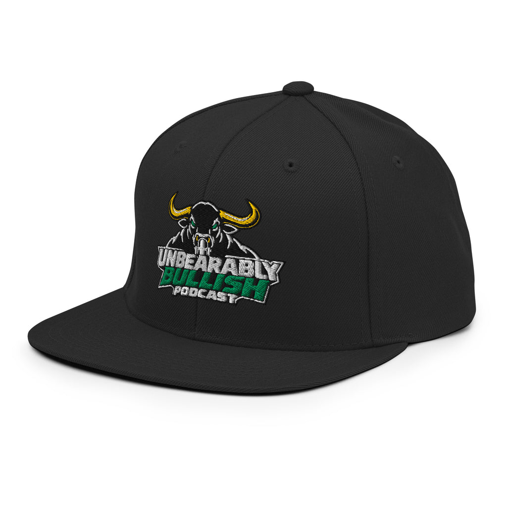 Unbearably Bullish Podcast Snapback in Black, left front angle