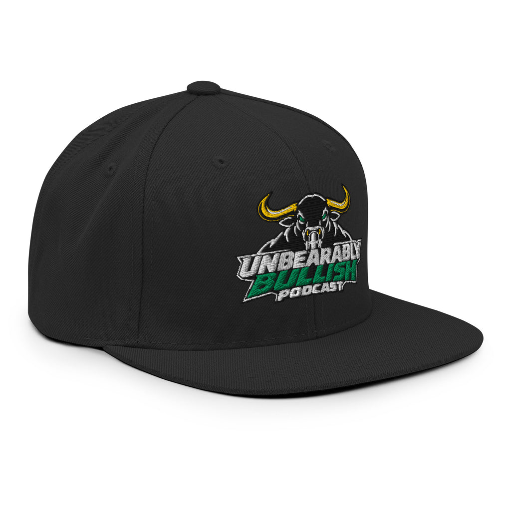 Unbearably Bullish Podcast Snapback in Black, right front angle