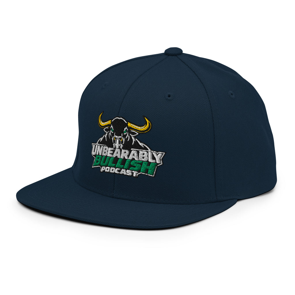 Unbearably Bullish Podcast Snapback in Dark Navy, left front angle