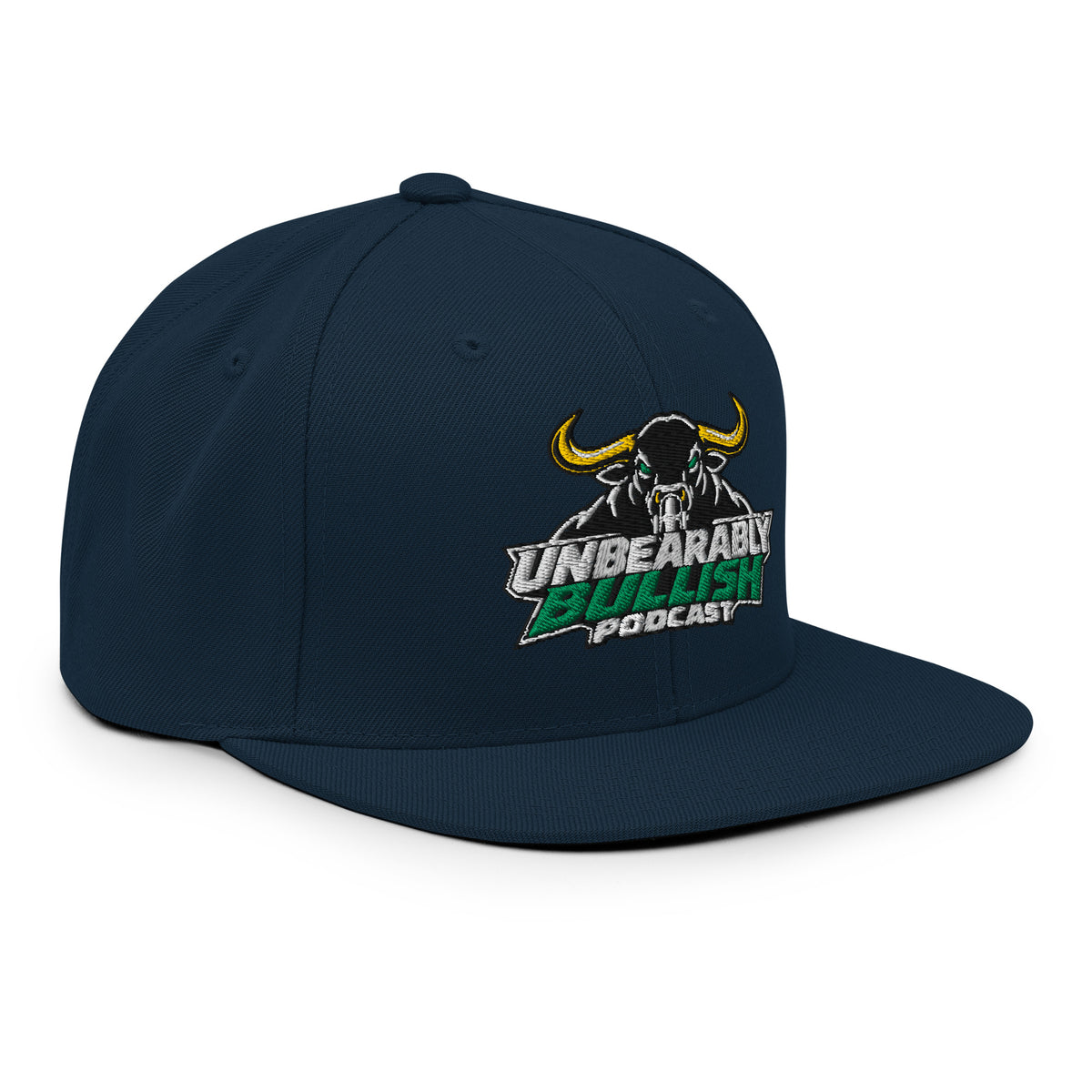 Unbearably Bullish Podcast Snapback in Dark Navy, right front angle
