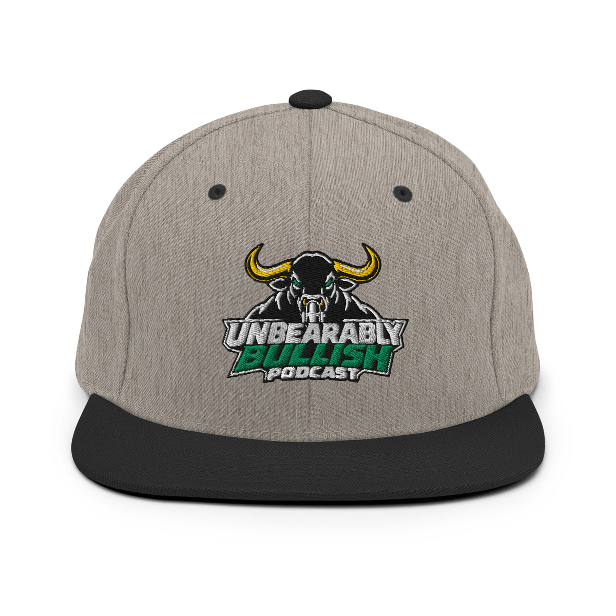 Unbearably Bullish Podcast Snapback in Heather Black, front view