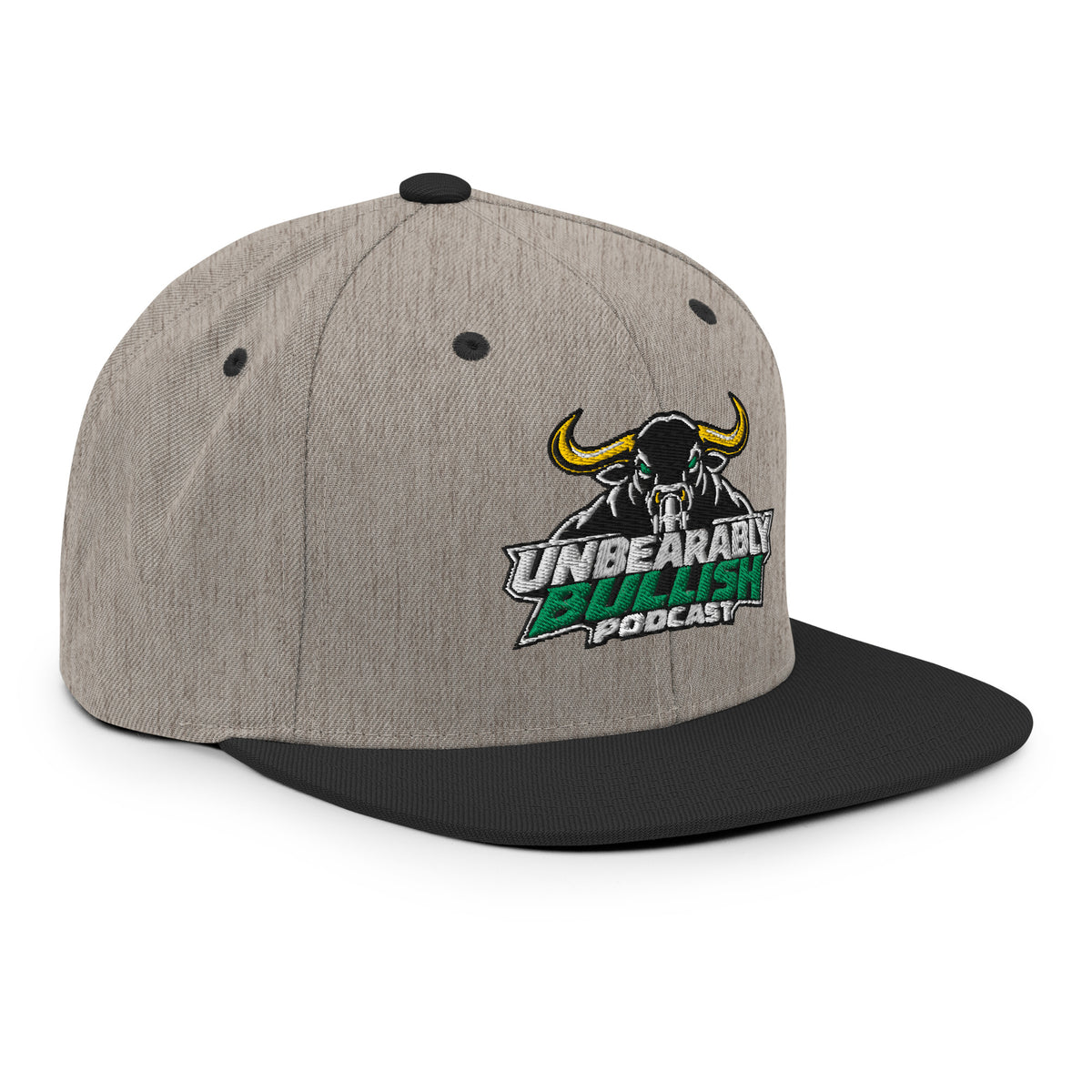 Unbearably Bullish Podcast Snapback in Heather Black, right front angle