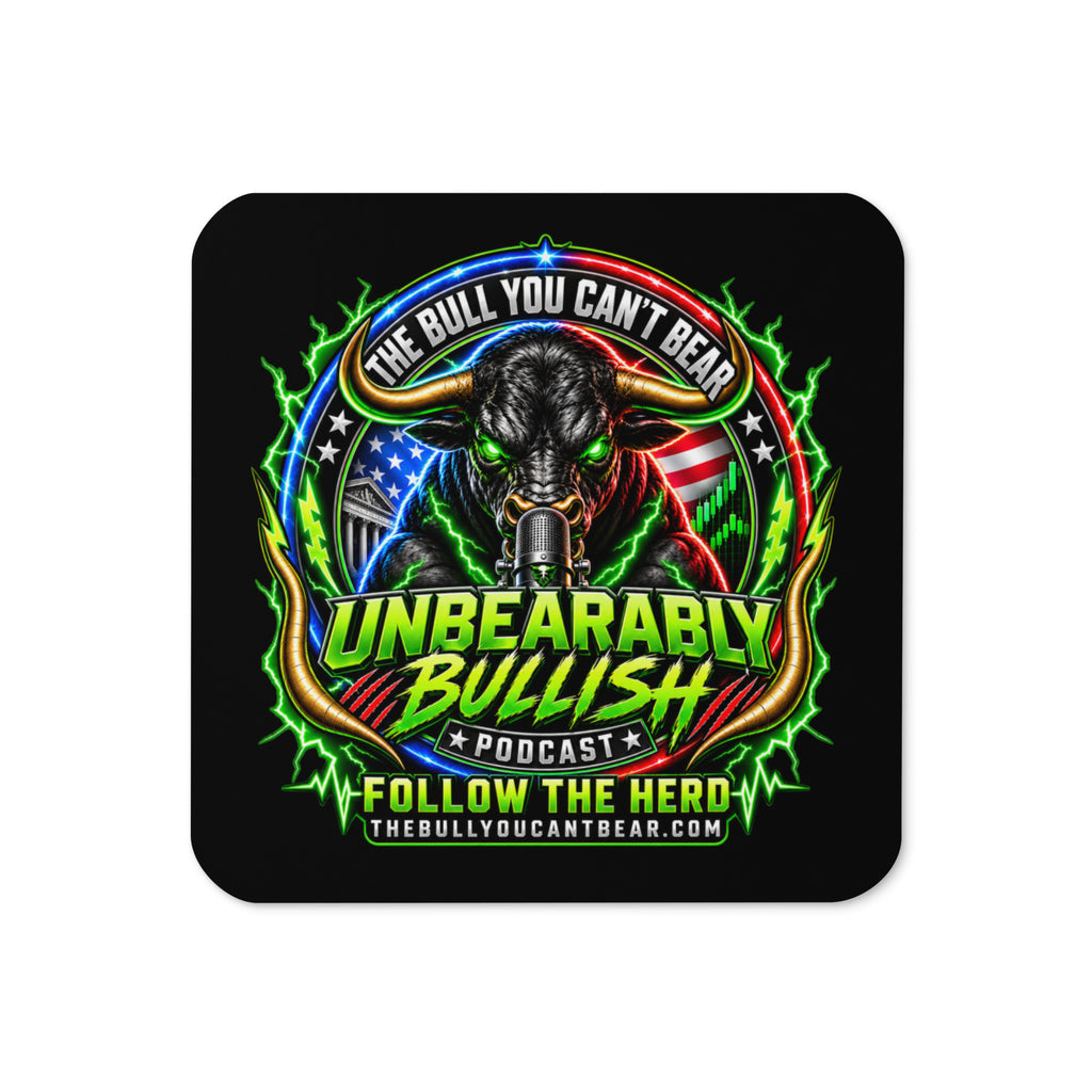 Unbearably Bullish Crest Coaster with cork back, top view