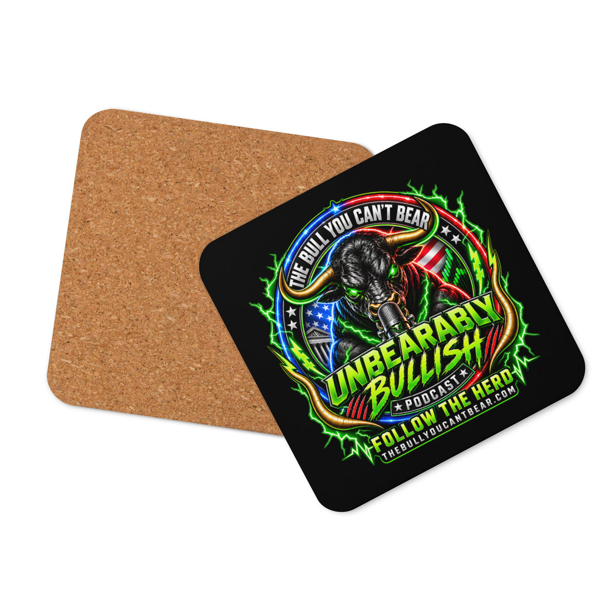 Unbearably Bullish Crest Coaster with cork back, angled view