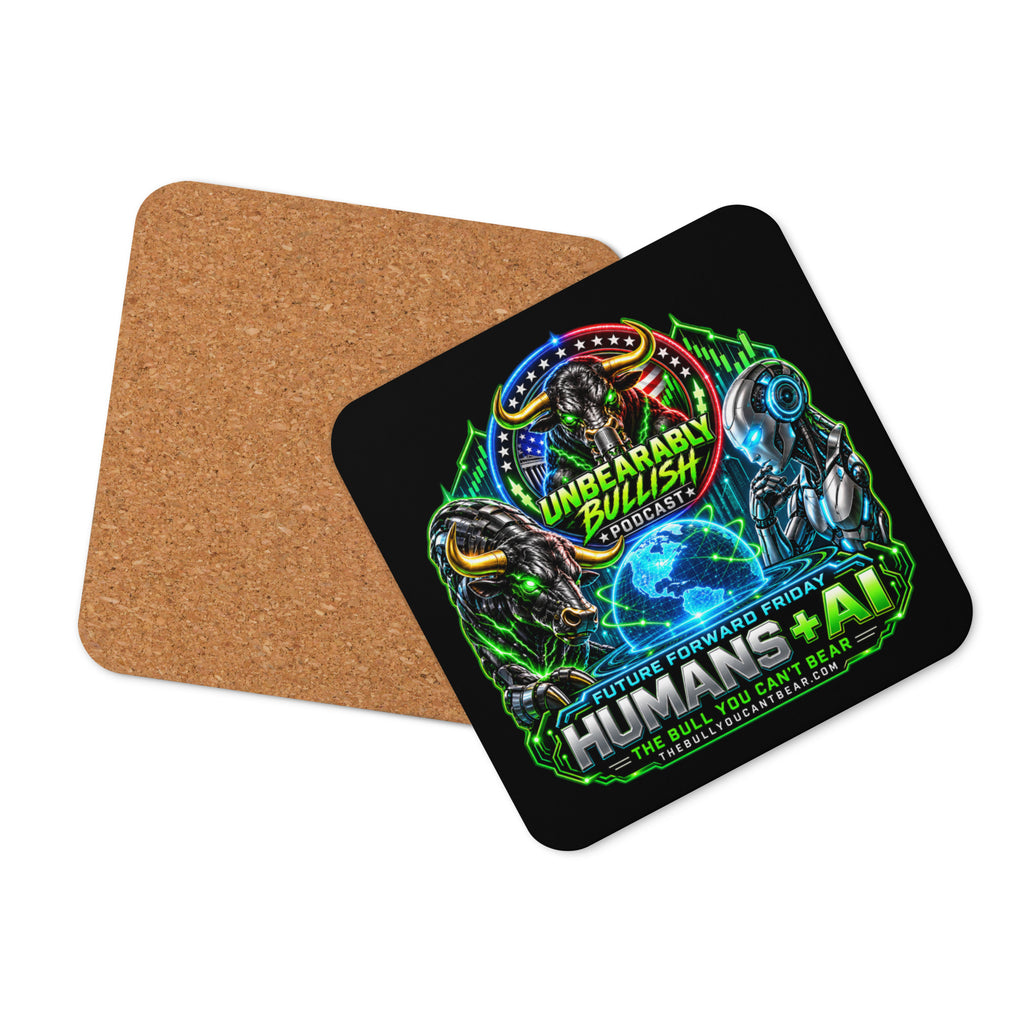 Humans + AI Coaster with cork back, angled view