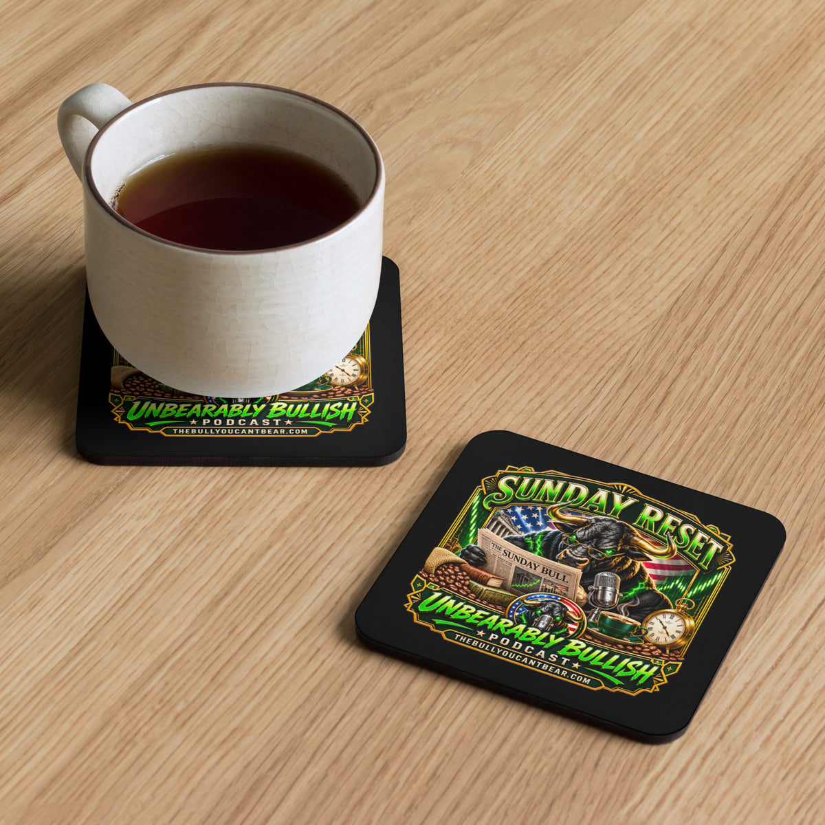 Sunday Reset Coaster with cork back, alternate view